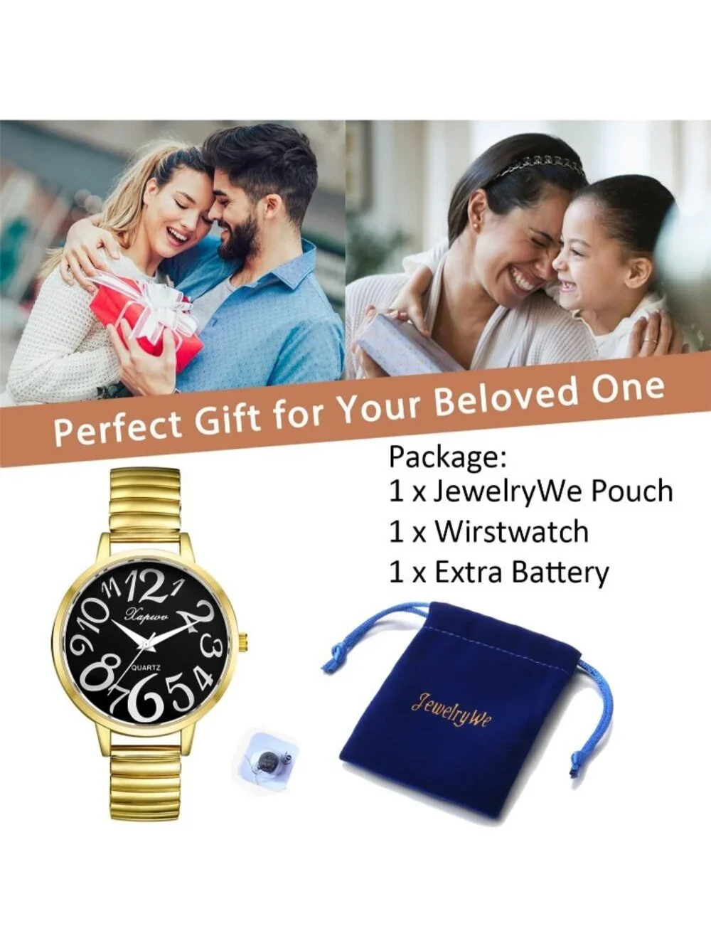 Women's Gold And Black Analog Big Numbers Easy Reader Stretch Band Wrist Watch